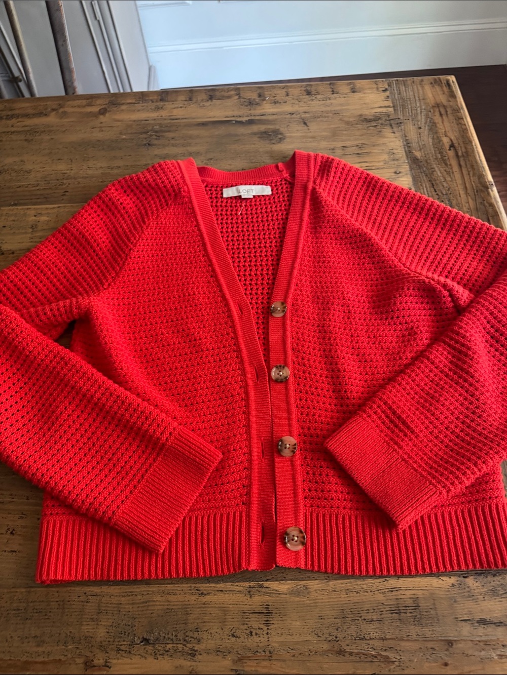 LOFT Red Button-Front Knit Cardigan